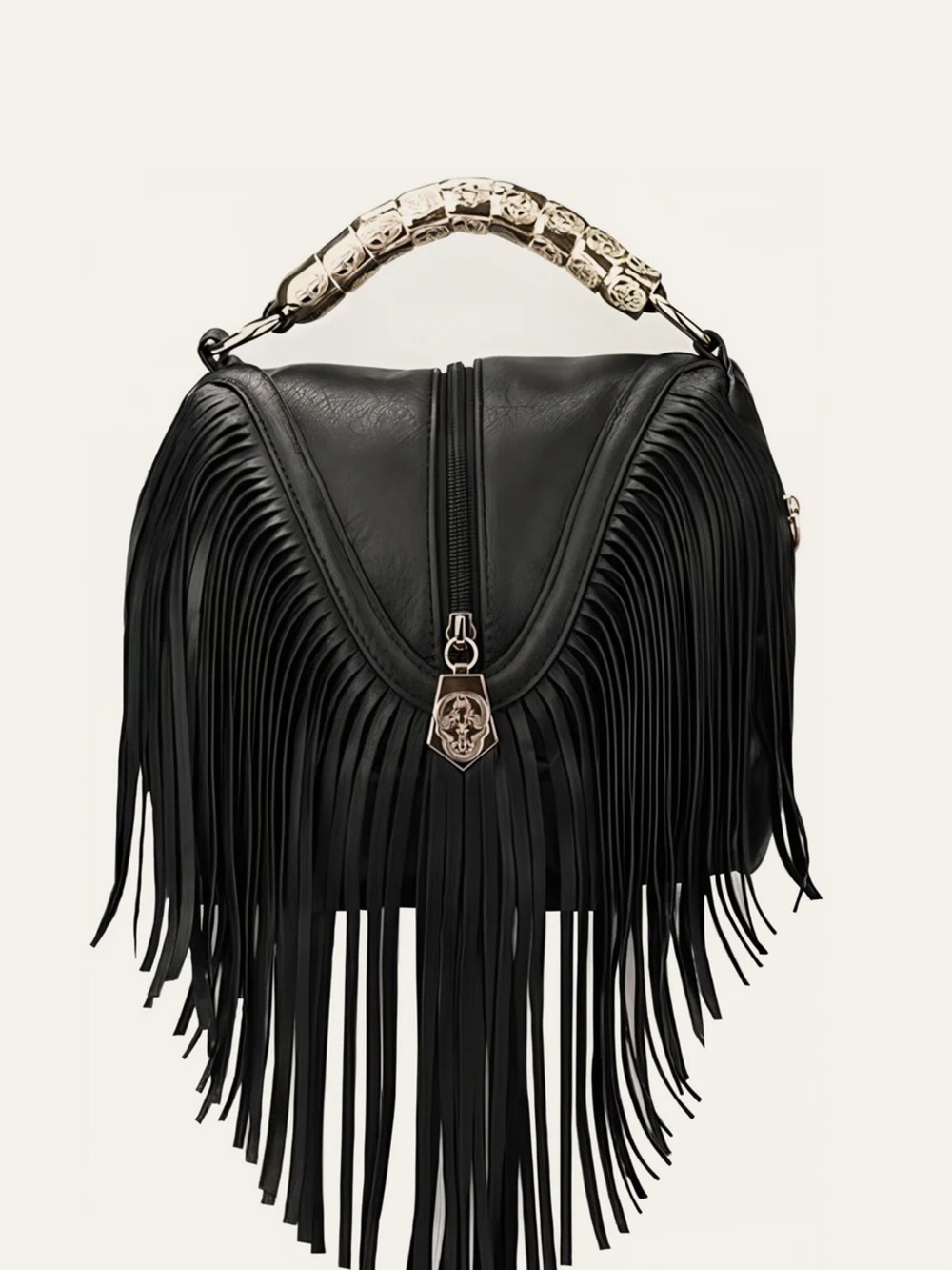 Fringed Black Feels like leather Top-Handle Bag